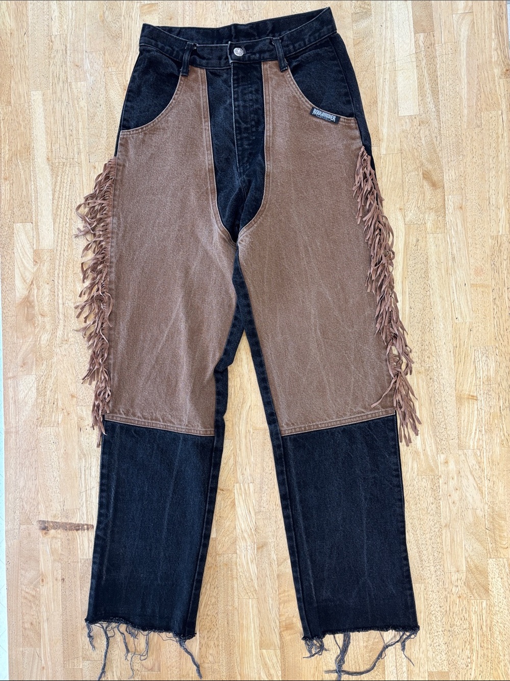 VTG Roughrider Black Brown Fringe Chaps Bareback High Rise Jeans Sz 3/4
